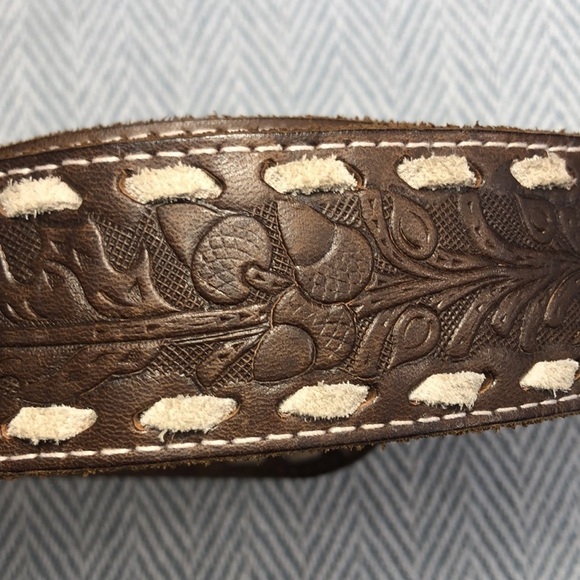 Western Leather Embossed Belt, Turquoise stone and Brass Buckle Approx 34” long - Picture 9 of 10